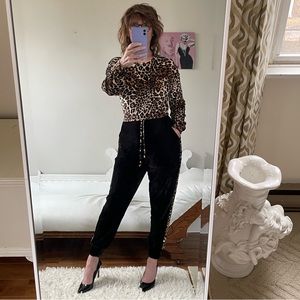 NWT CABLE GAUGE BLACK VELVET VELOUR  PANTS GOLD SEQUIN STRIPES CUFFS POCKETS